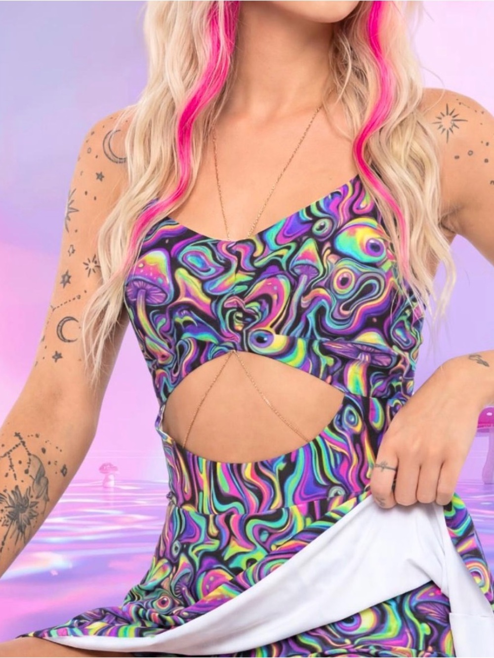 Neon Drip Rave Mini Dress: Trippy Mushroom EDM Festival Outfit - Picture 3 of 5